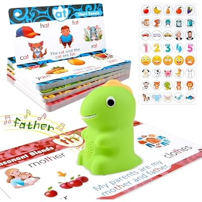 Speech Therapy Sensory Toy, Talking Dinosaur Phonics Reader with 74 Double-Sided Phonics Flash Cards & 6 Theme Stickers, Interactive Letters Games, Montessori Educational Gift for Kids Aged 3-8