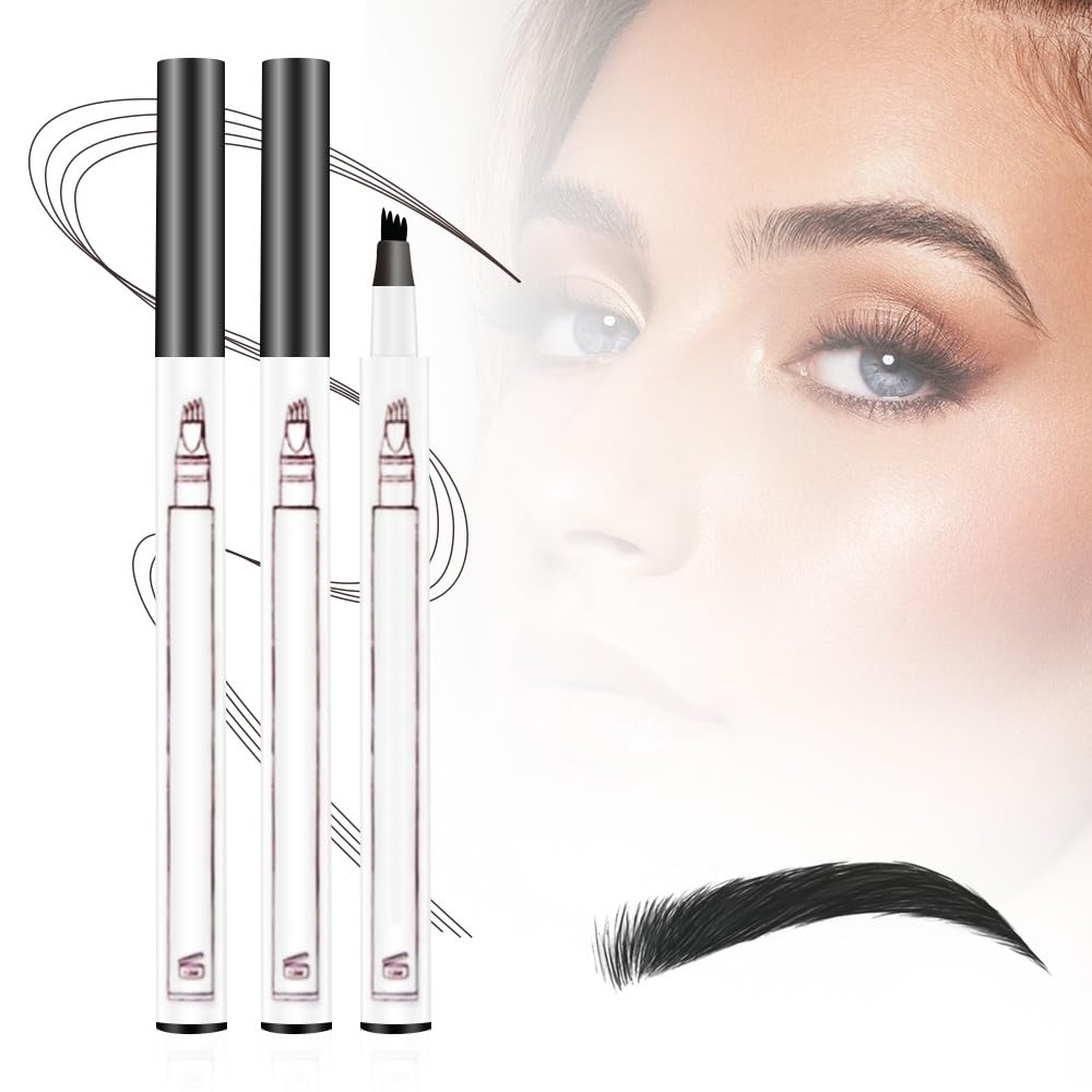 2025 New 2PCS 3D Magic Microblading Eyebrow Pencil, Upgrade Waterproof Microblading Eyebrow Pen 4 Fork Tip Tattoo Pencil, 24 Hours Fine Stroke Eyebrow Pen Makeup Eyebrow Pencils Black