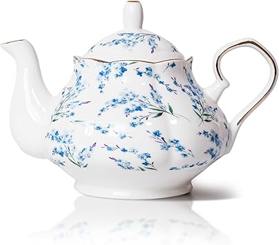 33.8 oz Porcelain Tea Pot Luxury Gold Trim Floral Ceramic Teapot Waterpot Tea Maker for Blooming Loose Leaf Tea Coffee Milk Chrismas Women Gift Housewarming Home Kitchen Decor (Blue Blossom)