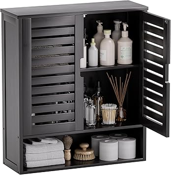 SMIBUY Bathroom Cabinet Wall Mounted, Bamboo Over-The-Toilet Storage Organizer, Space Saver Medicine Cabinet with 2 Door and Adjustable Shelves (Black)