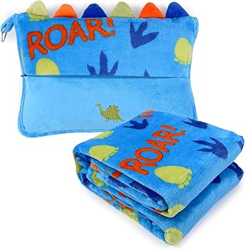 3 in 1 Travel Pillow and Blanket Set for Kids,Soft Travel Blanket Airplane Campact with Bag,Pillow Blanket for Boys with a Pocket,Backpack Clip, Luggage Sleeve (Dinosaur)