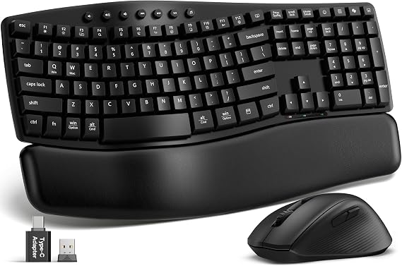 Wireless Keyboard and Mouse Combo, SABLUTE MA41 30dB Quiet Ergonomic Wave Keyboard Set with Soft Leather Palm Rest, Dual-System Switch for Windows/Mac, Ideal for Business Teams Home Office
