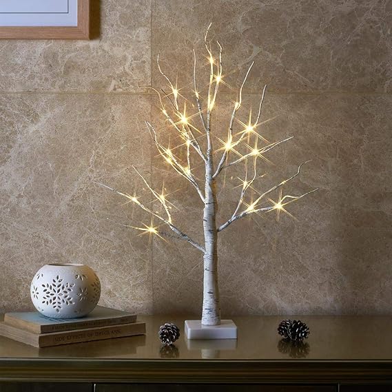 EAMBRITE Lighted Birch Tree Christmas Decorations for Home, White Birch Tree with Lights, 24 LED Lighted Mini Money Tree Twig Tree Battery Operated with Timer, Indoor Table Centerpiece Decor (2FT)