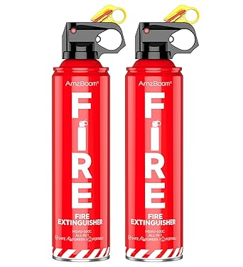 AmzBoom 2-Pack Fire Extinguisher for Home, Kitchen, Car, and Grill with Mounting Bracket Extinguishing Spray, Compact A, B, C, K Eco-Friendly, Prevents Reignition.