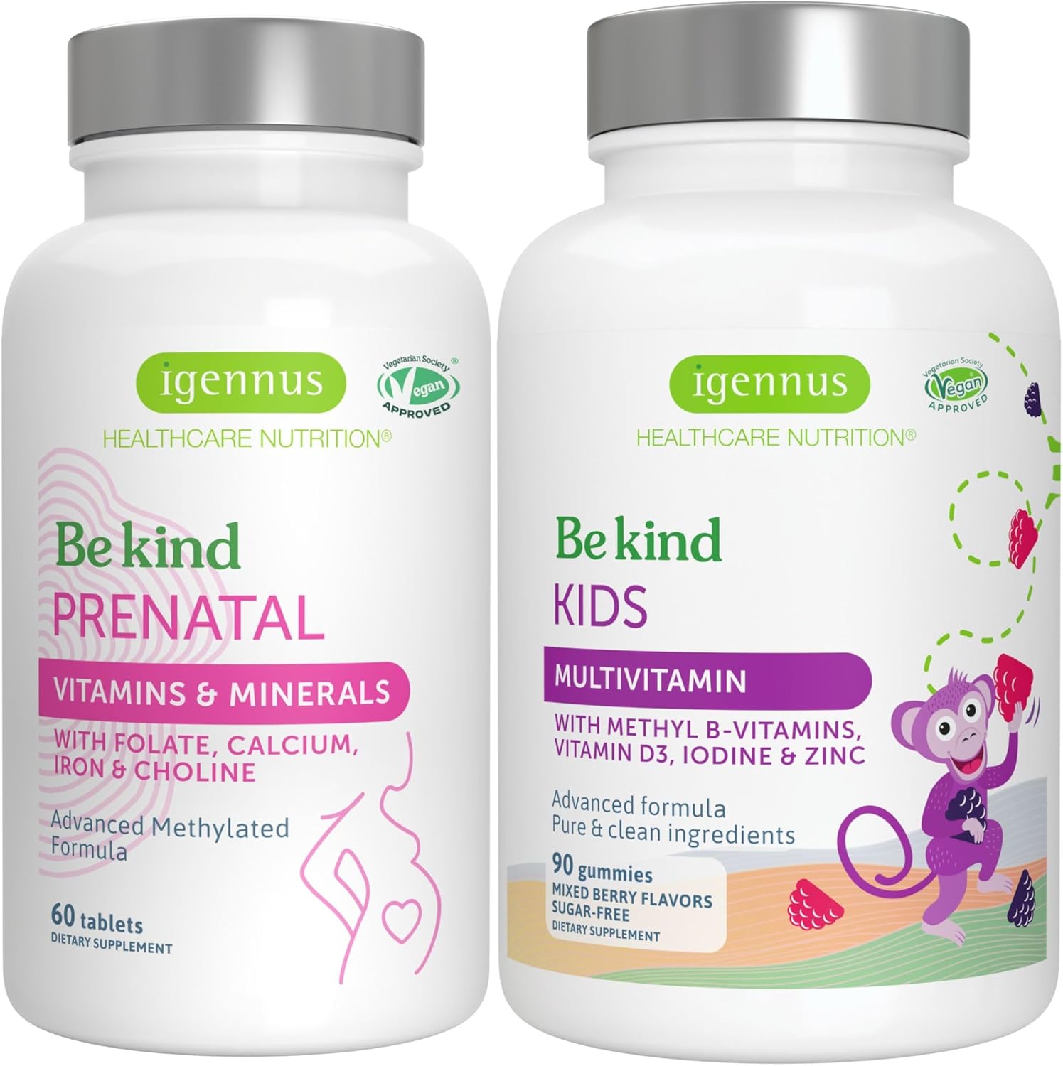High Absorption Methylated Prenatal  Advanced Kids Multivitamin Gummy Vegan Bundle, Clean Label with Vitamin A, B, C, D3 & E, 60 Tablets  90 Berry Flavor Gummies, Be Kind by Igennus