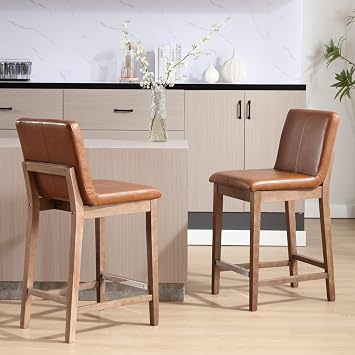 Kmax 26 Inch Counter Height Bar Stools Set of 2 Upholstered Stools for Kitchen Counter with Back Support Rustic Wooden White Armless Barstools for Kitchen Island Dining Room Breakfast - PU, Brown