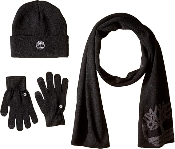 Timberland Double Layer Scarf, Cuffed Beanie & Magic Glove Gift Set Accessory, black, One Size